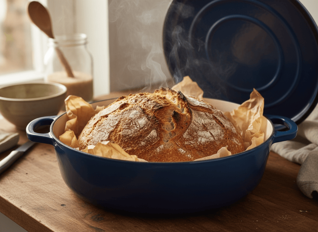 A freshly baked crusty round loaf of no-knead bread sitting on parchment paper inside an open enameled cast iron Dutch oven, deep golden-brown crust, steam gently rising, warm natural kitchen light, editorial food photography style, no text, no logos, no hands