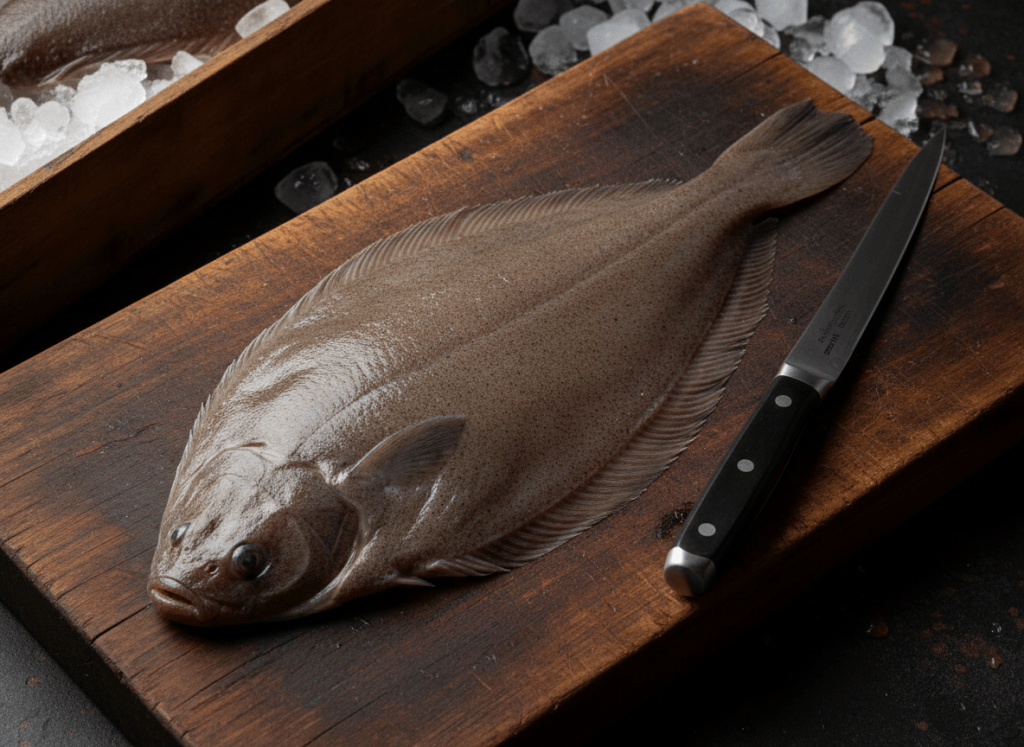 A realistic overhead photograph of a single whole raw Dover sole fish lying on a dark wood cutting board, next to a traditional French fillet knife. The knife: fully forged from a single steel bar, a rounded polished steel bolster where blade meets handle, a black handle (black polymer or resin, matte to satin finish) with three visible round steel rivets running down its length, classic French Sabatier style made in Thiers, France, hand polished blade, long thin flexible blade tapering to a fine point. The fish is a true flatfish, completely flat from head to tail with NO doming, bulging, or raised head: the head is exactly as flat and thin as the rest of the body, lying perfectly flush against the cutting board along its whole length, same low profile all the way to the tip of the snout. Elongated smooth oval body shaped like a large tongue or shoe sole, thin continuous fin frill running unbroken around the entire edge, uniform muddy greyish brown skin with faint fine speckling. Both small eyes lie flat on the flattened top surface near the head, not bulging or protruding upward. Small curved mouth tucked flat under the front edge. Emphatically NOT a round fish, NOT any fish with a raised, domed, or thick head, NOT an anglerfish or monkfish shape. Crushed ice and a wooden fish crate softly visible in the blurred background. Moody restaurant kitchen lighting, warm low directional side light, deep shadows, shallow depth of field, realistic professional food photography, no text, no people.