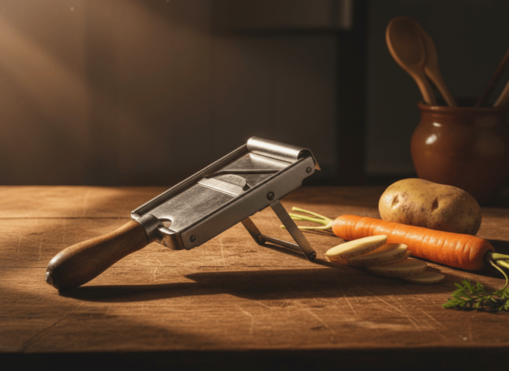 A single old, well-worn wooden-handled mandoline slicer resting on a rustic wood table, showing years of use but well cared for and clean, with a few fresh vegetables like a potato and a carrot placed beside it, warm natural side light, moody documentary editorial photography style, no text, no logos, no hands, no people