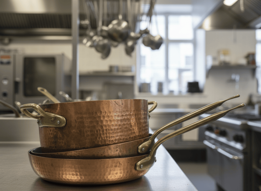 A stack of well-used hammered copper cookware — a large stockpot and a saute pan with a long bronze handle — on a professional kitchen counter, gleaming copper exterior with visible age and patina, tin-lined interior visible on one pan, warm natural light, documentary editorial photography style, no text, no logos, no hands, no people