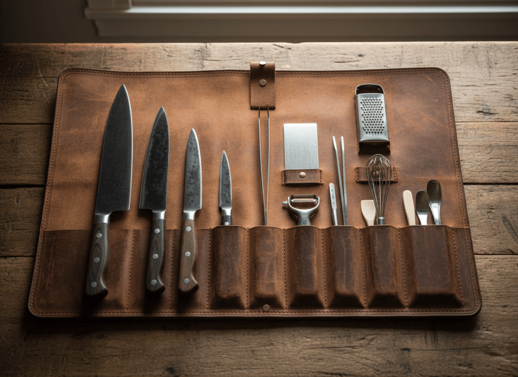 A well-worn leather chef's knife roll fully unrolled on a wooden table, showing an organized array of knives, a microplane, bench scraper, plating tweezers, and small prep tools tucked into their individual pockets, warm natural light, documentary editorial photography style, no text, no logos, no hands, no faces