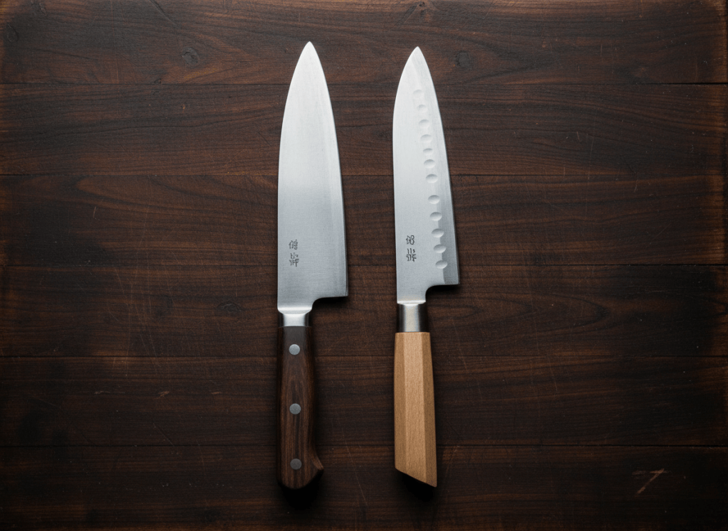 A Western chef's knife and a Japanese santoku knife laid side by side on a dark wood cutting board, top-down comparison shot, clean even lighting, editorial food photography style, no text, no logos, no hands