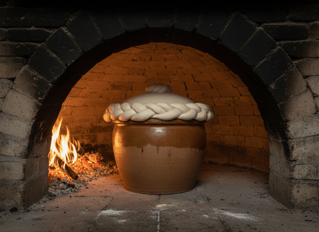 An earthenware crock sealed with a rope of bread dough, sitting inside an old stone and brick wood-fired baker's oven, warm glowing embers, rustic historic French bakery atmosphere, soft golden light, editorial food photography style, no text, no logos, no people