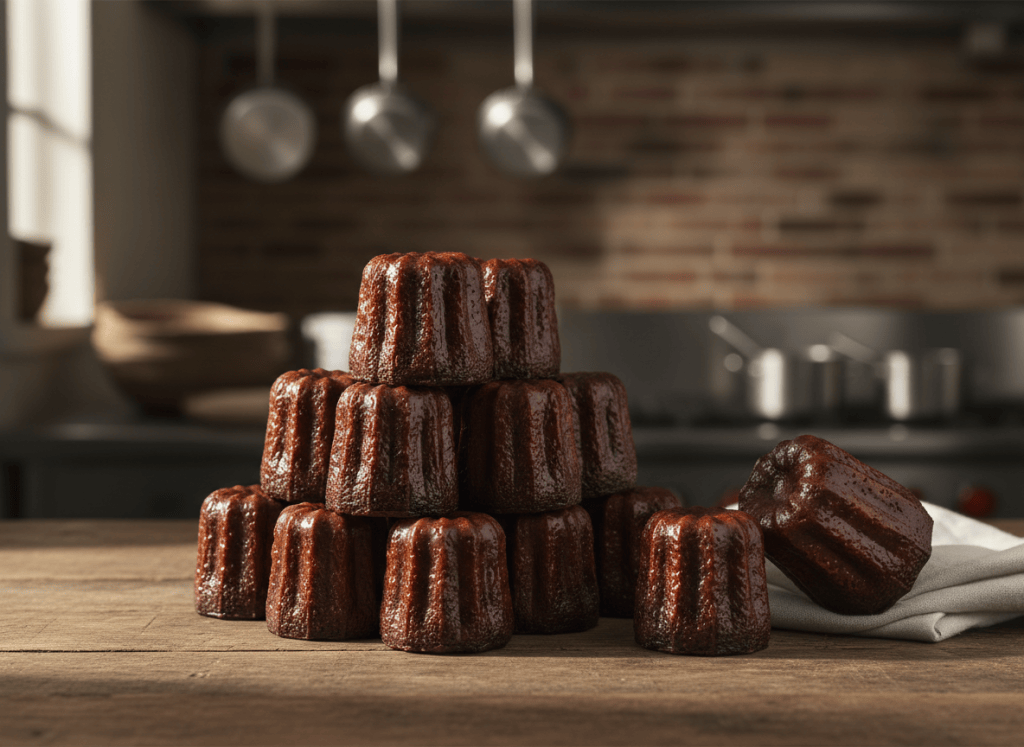 A dozen freshly baked canelés de Bordeaux, all whole and intact (no pastry cut open or sliced), dark mahogany caramelized fluted crust, stacked in a small pyramid on a rustic wooden table next to a vintage copper canelé mold, warm natural window light, moody professional kitchen background, shallow depth of field, editorial food photography style, no text, no logos, no hands.