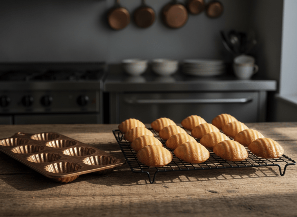 A dozen classic French madeleines, golden-brown shell-shaped cookies with a pronounced round bump (la bosse) on the flat side facing up, cooling on a wire rack next to a vintage copper madeleine pan, on a rustic wooden table, warm natural window light, moody professional kitchen background, shallow depth of field, editorial food photography style, whole madeleines only, no text, no logos, no hands.