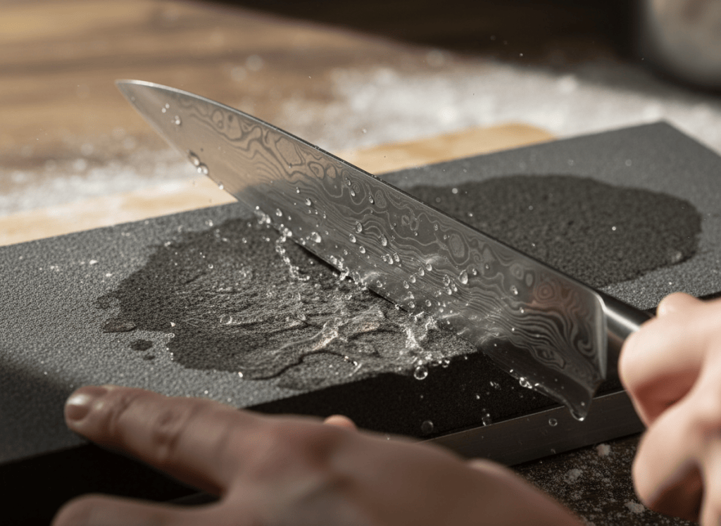 Close-up of a chef's knife being sharpened on a whetstone, water droplets visible, focused hands at the edge of frame, dramatic side lighting, editorial food photography style, no text, no logos