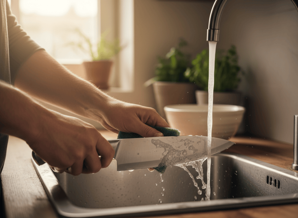 Close-up of hands washing a chef's knife under running water at a kitchen sink, warm natural light, soft focus background, editorial food-lifestyle photography style, no text, no logos