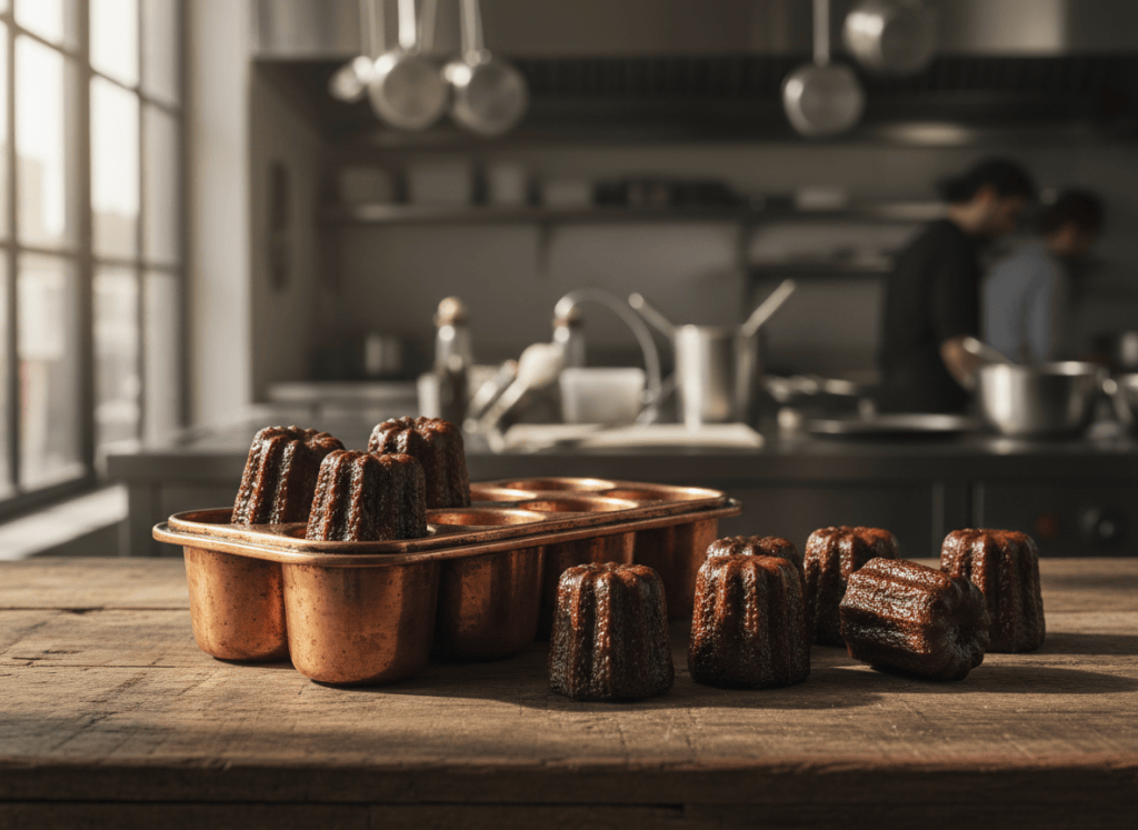 A copper canelé mold holding a few dark, deeply caramelized canelé pastries, resting on a rustic wooden table with several more finished canelés placed loose beside it. Warm natural window light, moody professional kitchen background, shallow depth of field, editorial food photography style, no text, no logos, no hands.