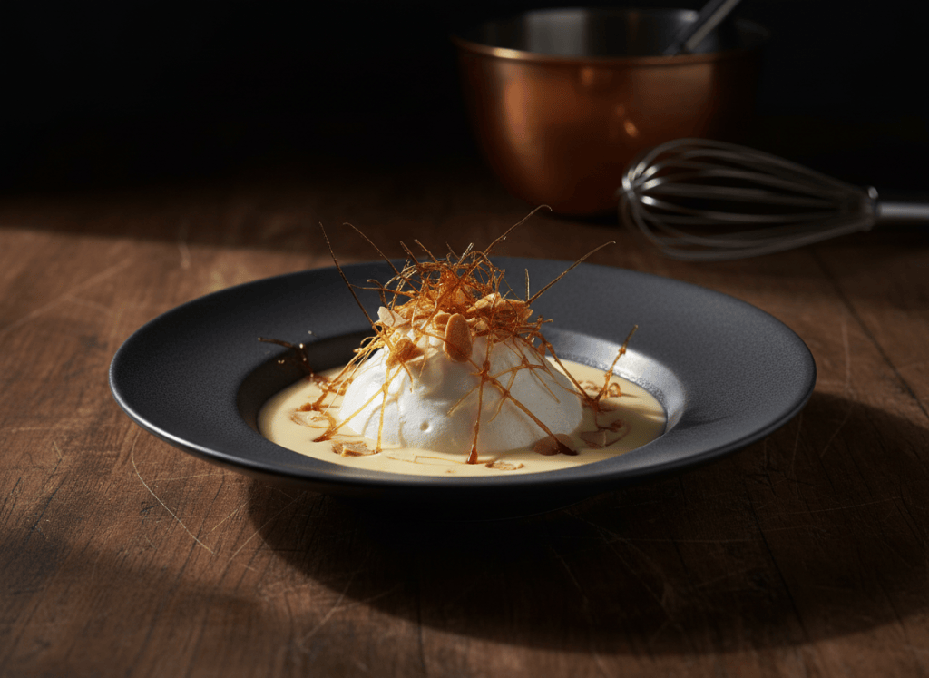 Editorial food photography, moody dark kitchen aesthetic: a shallow wide bowl of pale golden creme anglaise with one large soft white poached meringue island floating in the center, drizzled with dark amber caramel threads and scattered toasted almond praline shards. Set on a dark wood counter, warm low directional side lighting, deep shadows. In the soft-focus background, a glowing copper mixing bowl and a stainless balloon whisk rest nearby. Rich, moody, restrained color palette of cream, amber, and dark walnut brown, shallow depth of field, professional food photography, no text.
