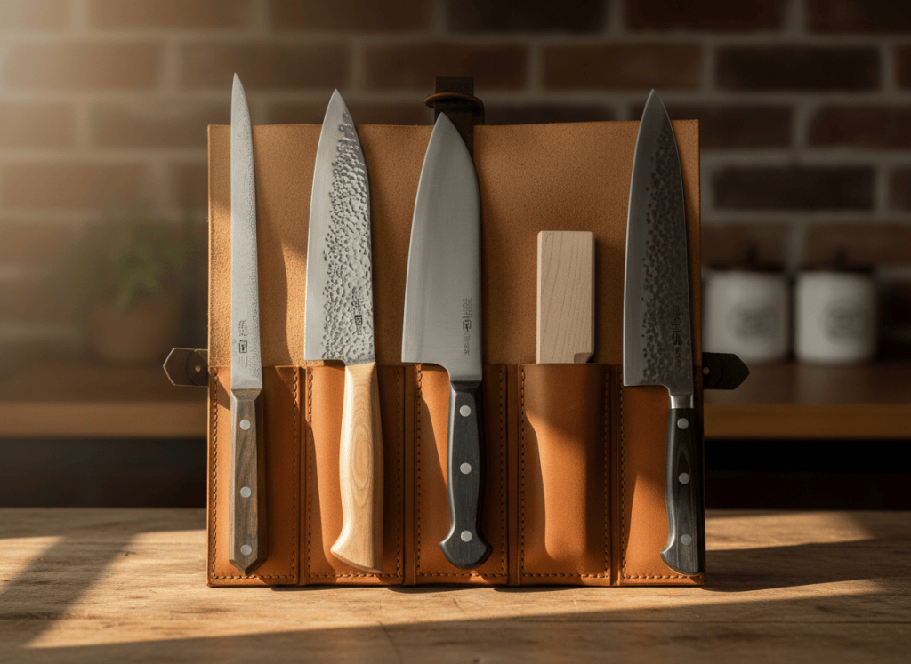 Five different chef's knives of varying styles sticking upright out of a rolled leather knife holder/roll, standing on a wood countertop, warm natural side lighting, shallow depth of field, editorial product photography style, no text, no logos, no hands