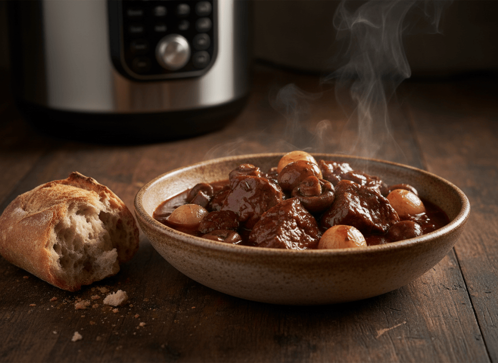 A steaming bowl of beef bourguignon with pearl onions and mushrooms next to an electric pressure cooker on a dark wooden counter