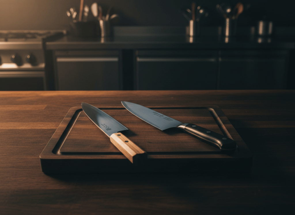 A Japanese gyuto knife and a German chef's knife resting side by side on a dark wooden countertop