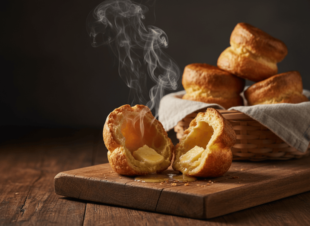 A tall golden popover split open with melting butter inside, steaming, with more popovers in a basket in the background