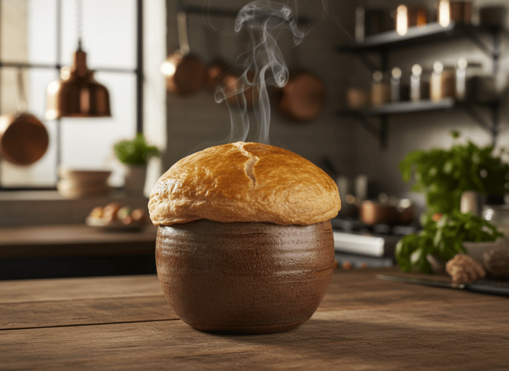 Pumpkin soup en croute with a golden puff pastry dome