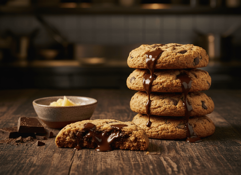 Stack of thick restaurant-style chocolate chip cookies with molten chocolate and crisp edges, one broken open showing a gooey center