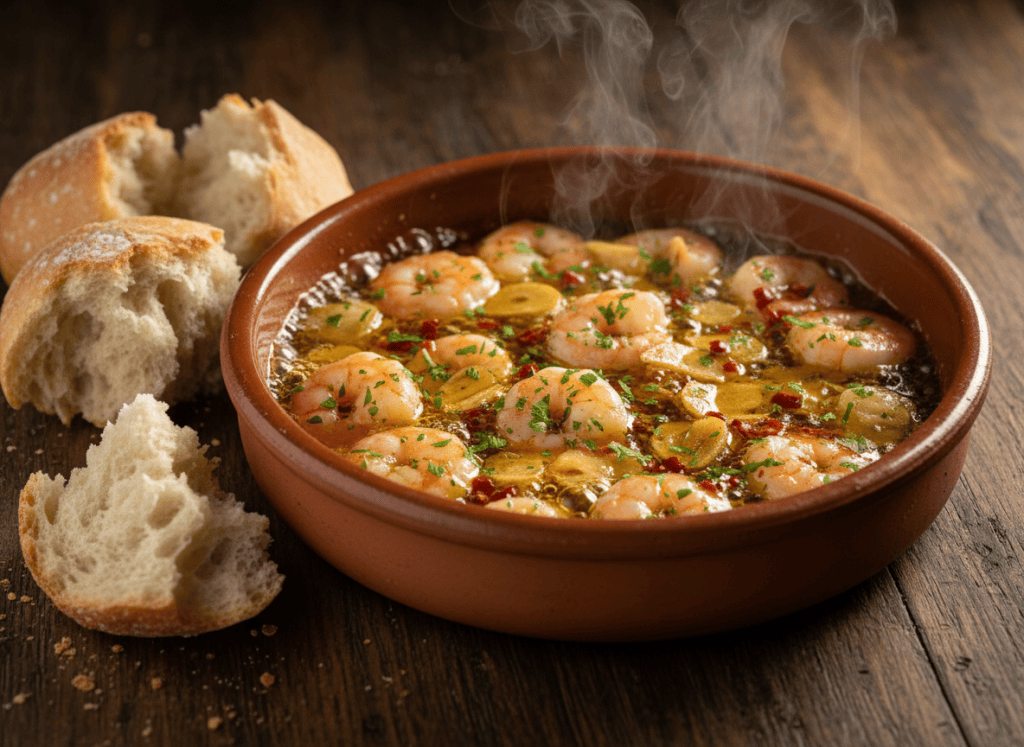 A terra cotta cazuela full of bubbling garlic shrimp in olive oil with parsley, next to crusty bread on a dark wooden counter
