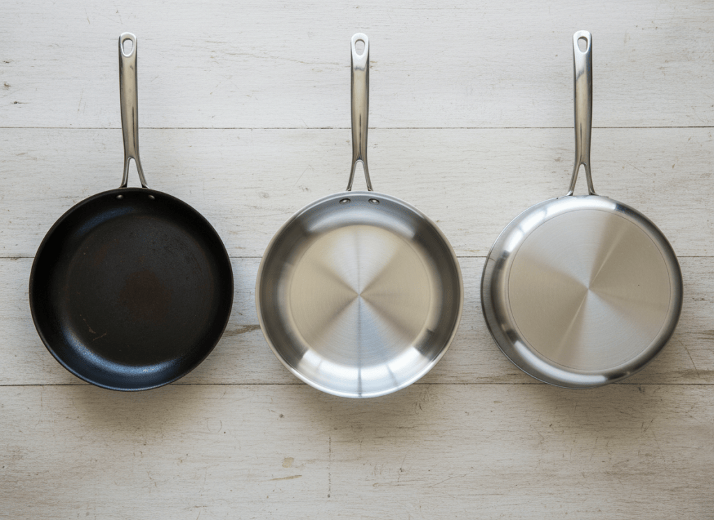 Three sauté pans arranged side by side on a wood counter: a dark seasoned carbon steel pan, a polished tri-ply stainless steel pan, and a brushed stainless steel pan with a polished rim band, top-down comparison shot, clean natural lighting, editorial product photography style, no text, no logos, no hands