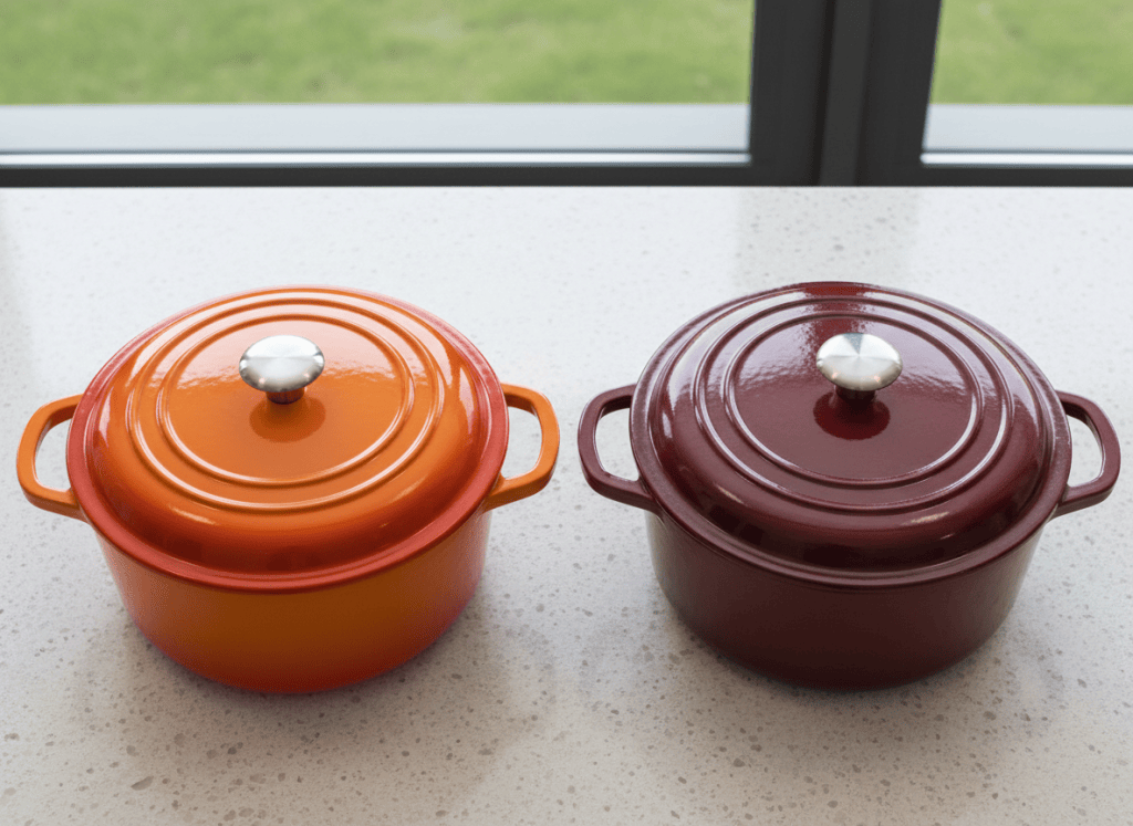 Two enameled cast iron Dutch ovens side by side on a kitchen counter, one in a bright orange gloss finish, one in a deep matte grenadine red, lids on, top-down comparison angle, clean natural lighting, editorial product photography style, no text, no logos, no hands