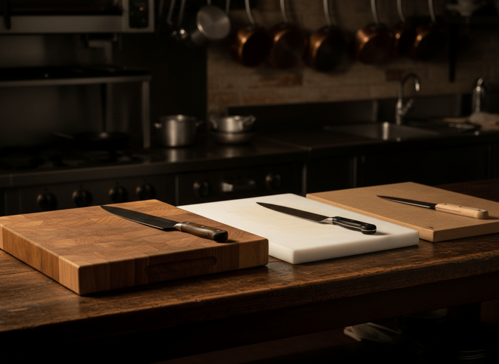 Three cutting boards — wood, plastic, and composite — arranged on a dark wooden kitchen counter with a chef's knife