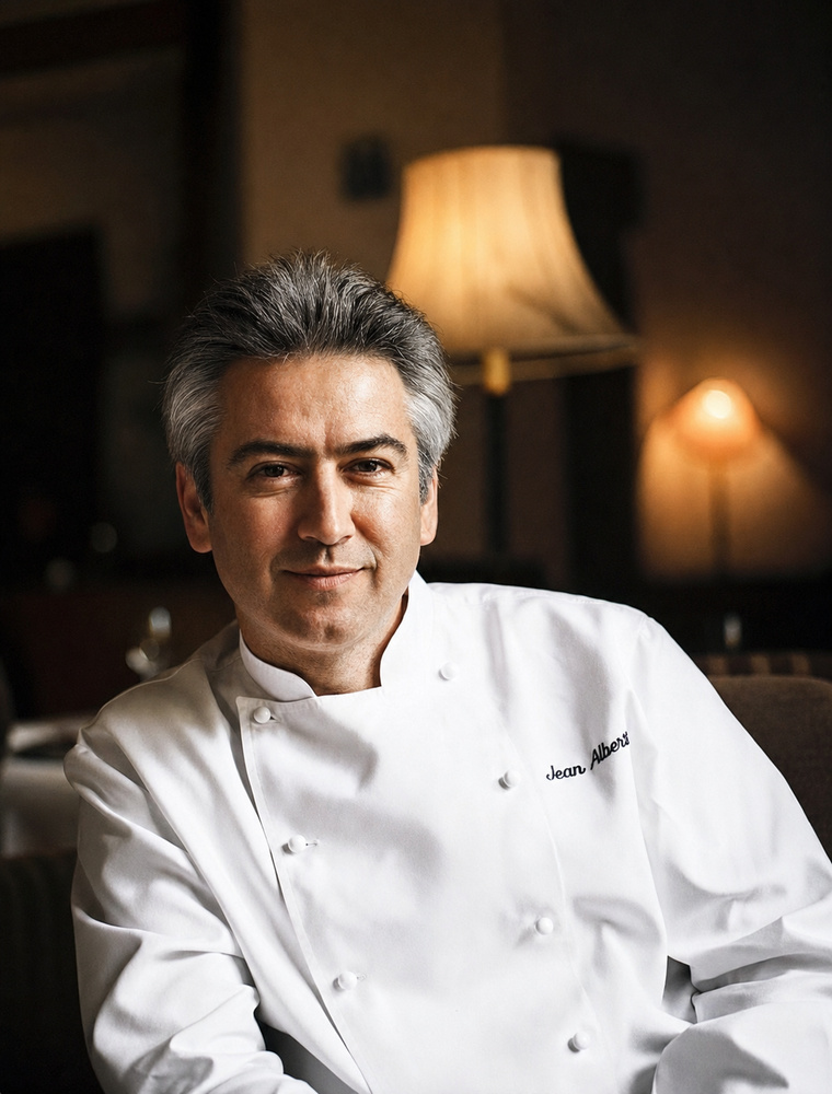 Portrait of Chef Jean Alberti in his chef whites, seated in a warmly lit dining room