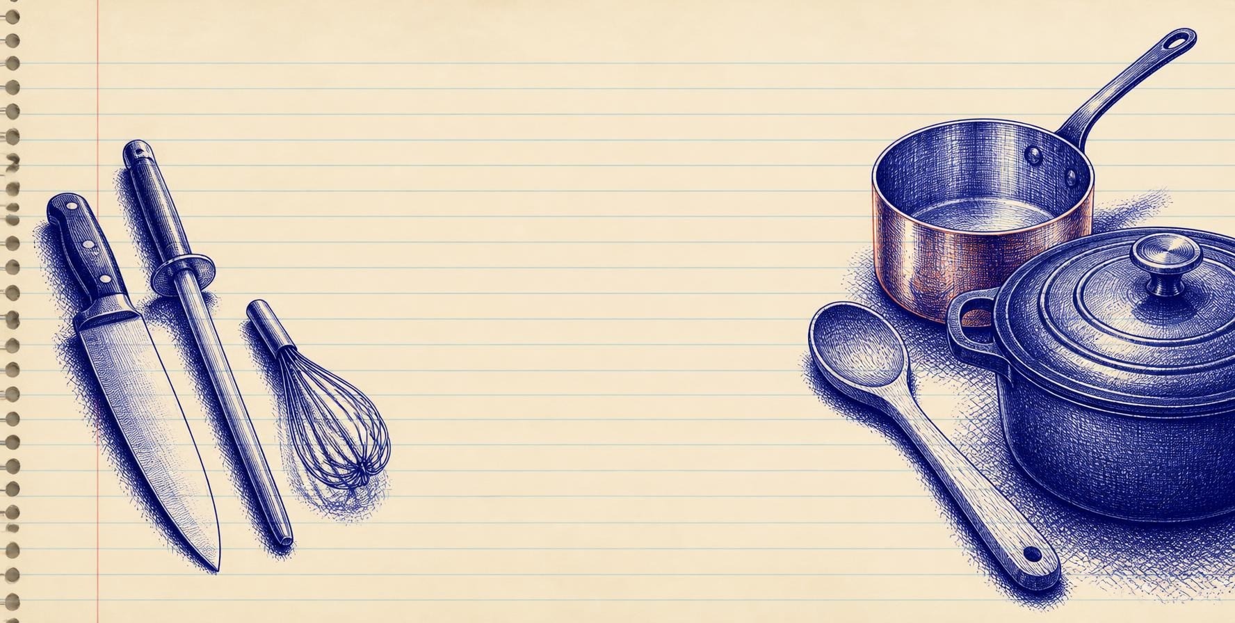 Blue ballpoint sketch on lined notebook paper of a chef knife, honing steel and whisk on the left and a copper saucepan, wooden spoon and cast iron Dutch oven on the right