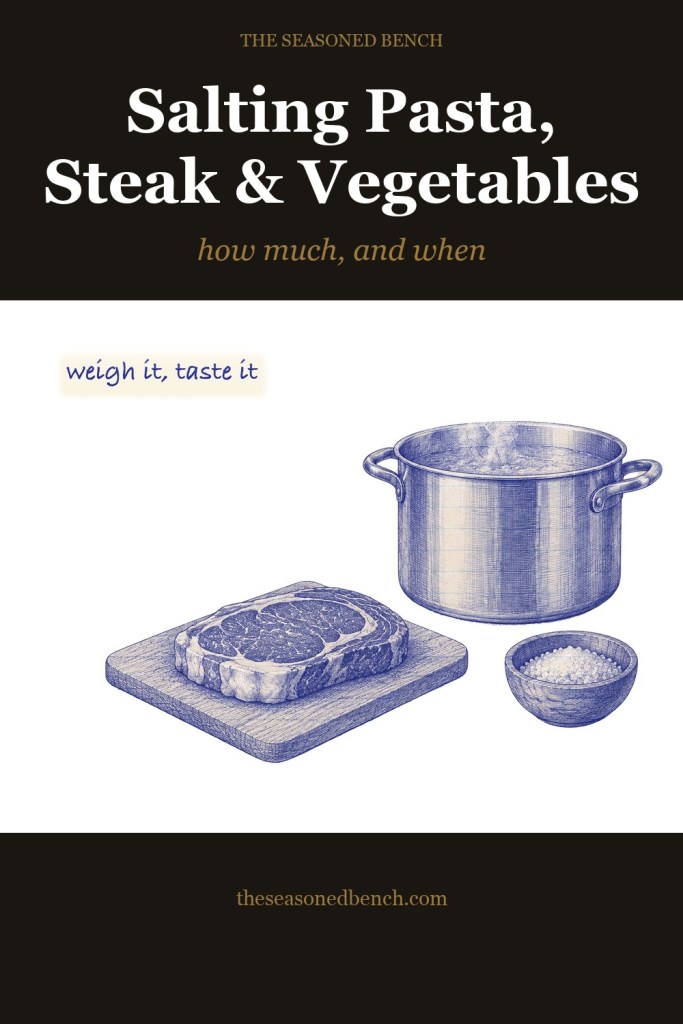 How to salt pasta water, steak and vegetables: blue ballpoint sketch of a stockpot, salt bowl and steak