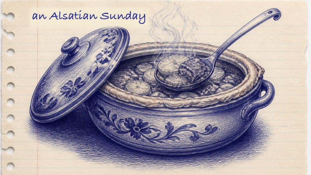 Blue ballpoint sketch of an Alsatian baeckeoffe in a patterned ceramic terrine with the dough seal and a spoonful of stew
