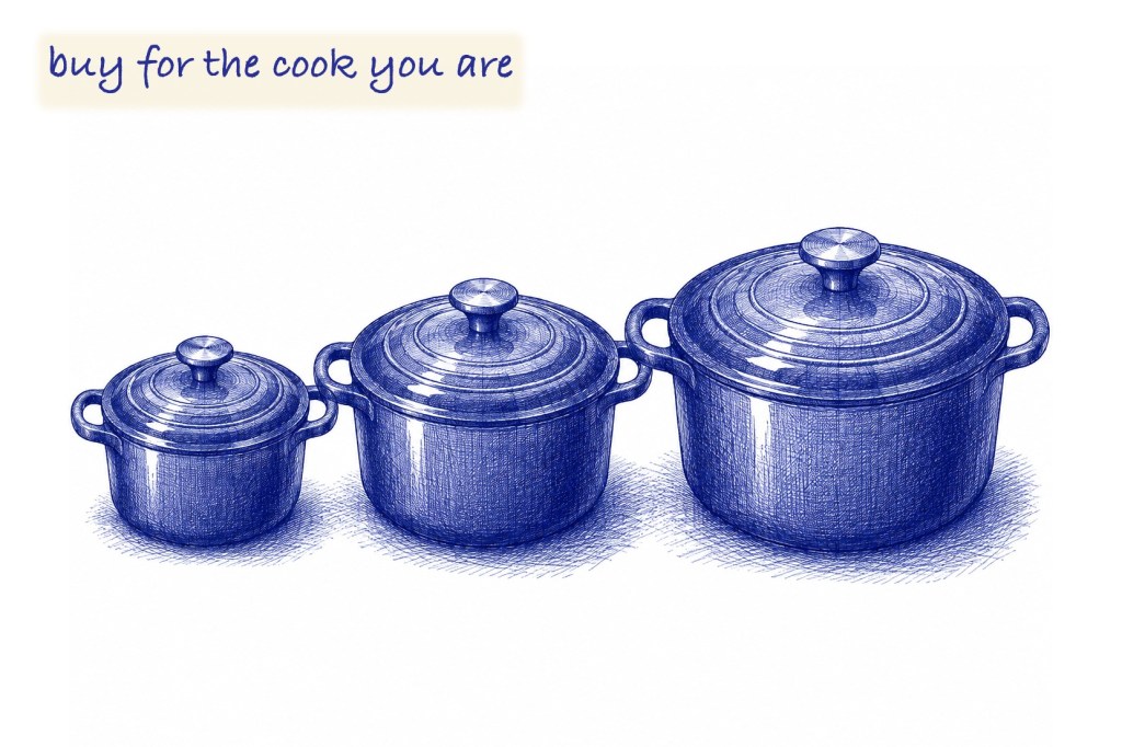 Blue ballpoint pen sketch of three enameled cast iron Dutch ovens with lids in small, medium and large sizes, with a handwritten note reading buy for the cook you are