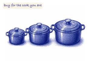 Blue ballpoint pen sketch of three enameled cast iron Dutch ovens with lids in small, medium and large sizes, with a handwritten note reading buy for the cook you are