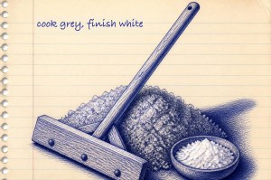 Blue ballpoint pen sketch of a wooden salt rake leaning against a heap of coarse grey sea salt, with a small wooden bowl of flaky white fleur de sel beside it and the handwritten note: cook grey, finish white