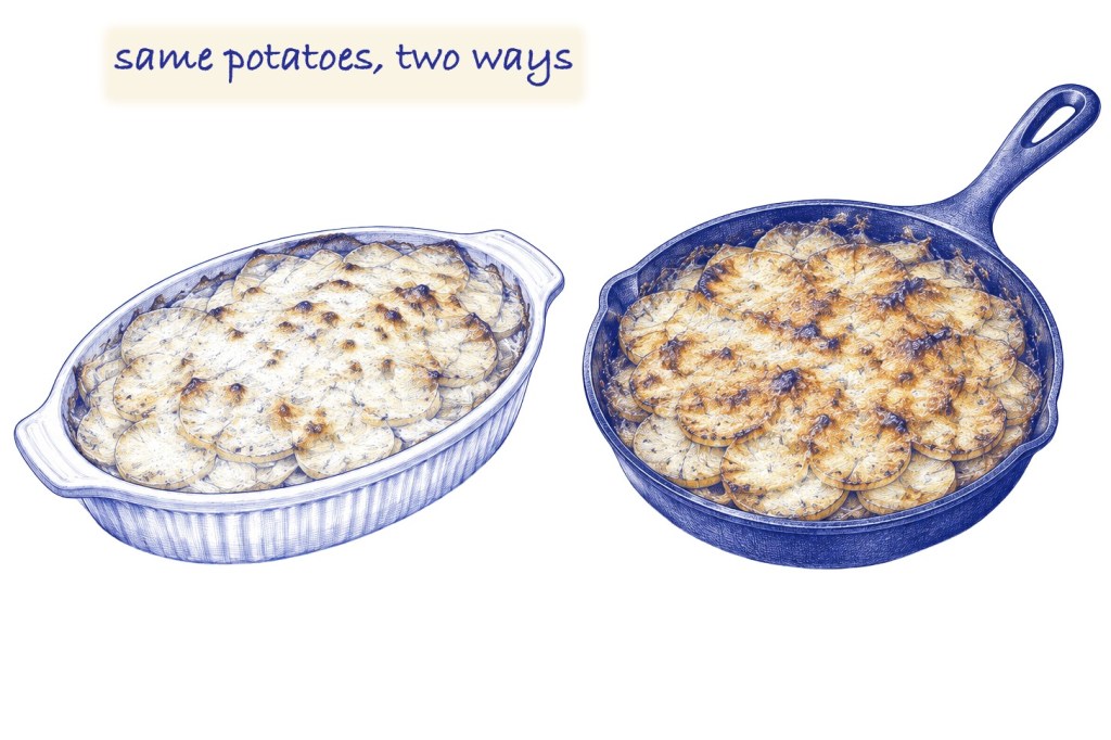 Blue ballpoint sketch of an oval ceramic gratin dish of creamy sliced potatoes beside a cast iron skillet of potatoes with a golden cheese crust