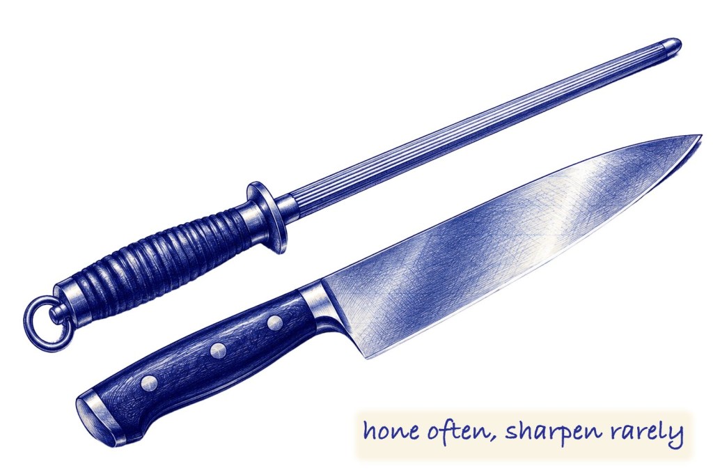 Blue ballpoint pen sketch of a honing steel and a chef's knife lying side by side, with the handwritten note "hone often, sharpen rarely"