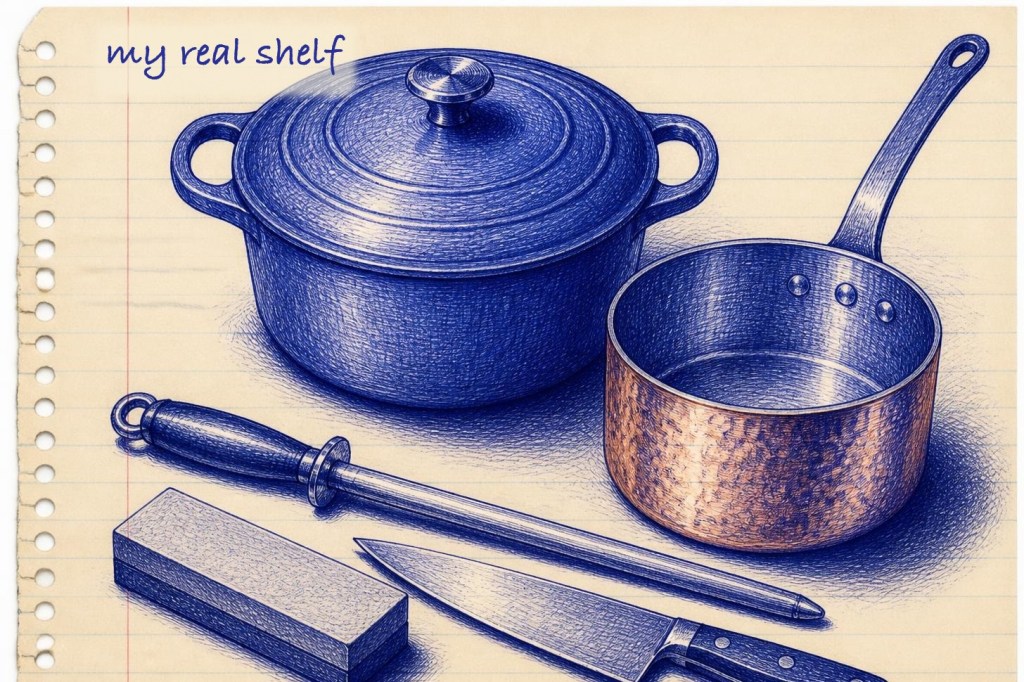 Blue ballpoint sketch of a chef knife, honing steel, whetstone, enameled Dutch oven and hammered copper saucepan laid out together on lined notebook paper