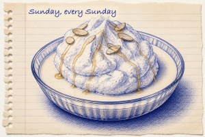 Blue ballpoint sketch of a classic French ile flottante: an airy meringue island drizzled with caramel and toasted almonds, floating on creme anglaise in a glass dish