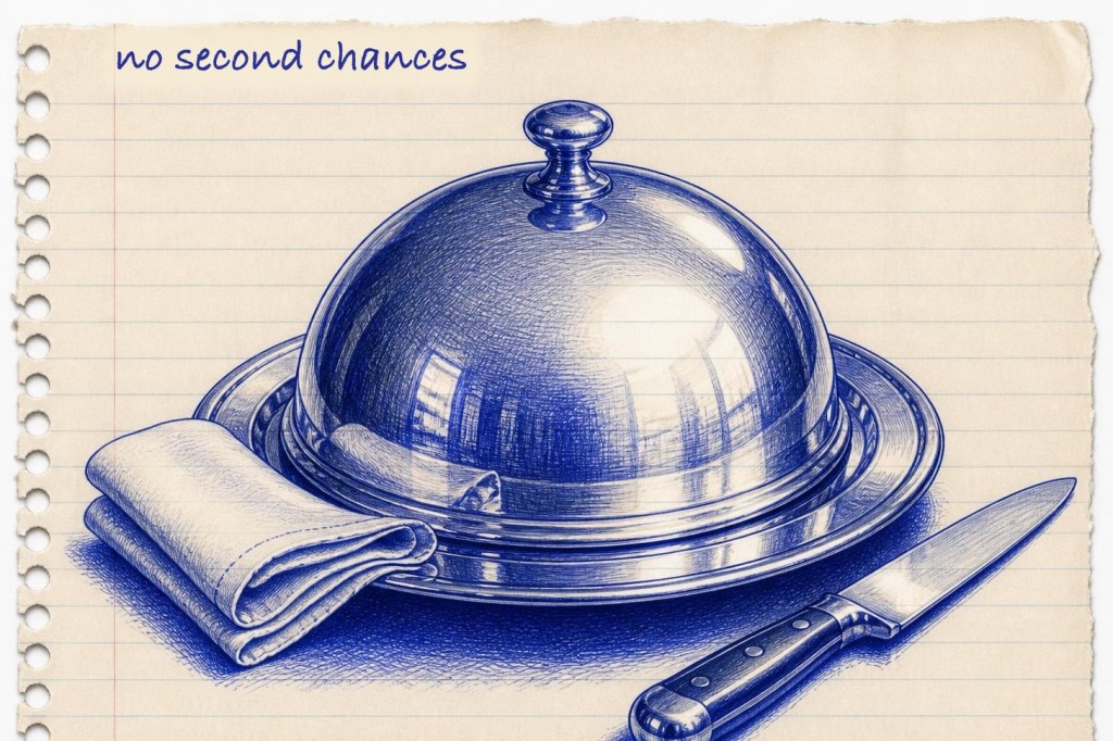 Blue ballpoint sketch of a polished silver serving cloche on a platter with a folded linen napkin and a chef knife beside it, on lined notebook paper