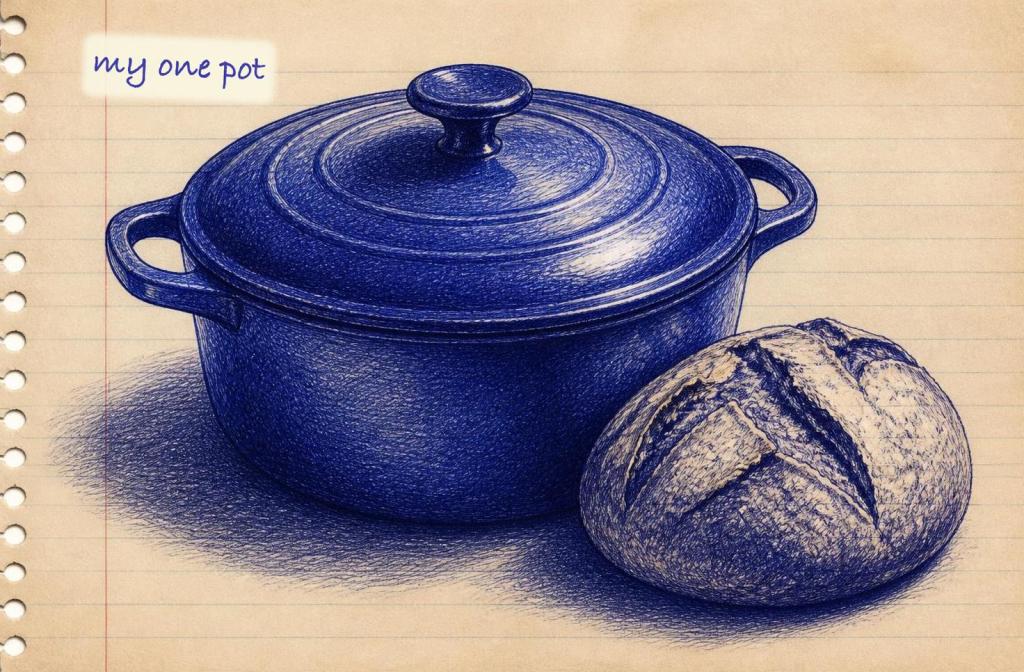 Blue ballpoint pen sketch on lined notebook paper of a lidded enameled Dutch oven beside a scored loaf of bread.