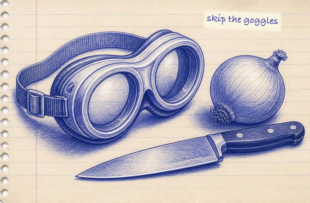 Blue ballpoint pen sketch on lined notebook paper of onion goggles beside a whole onion and a chef's knife.