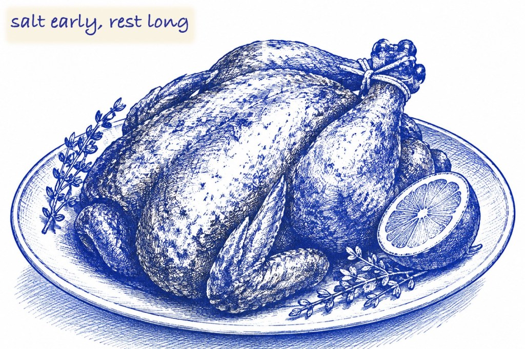 Blue ballpoint pen sketch of a whole roasted chicken with tied legs on an oval platter with two thyme sprigs and a lemon half, with a handwritten note reading salt early, rest long