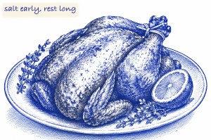 Blue ballpoint pen sketch of a whole roasted chicken with tied legs on an oval platter with two thyme sprigs and a lemon half, with a handwritten note reading salt early, rest long