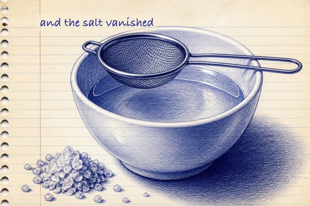 Blue ballpoint pen sketch of a white bowl of water with a wire sieve across the rim and a small heap of coarse grey rock salt beside it, with the handwritten note "and the salt vanished"