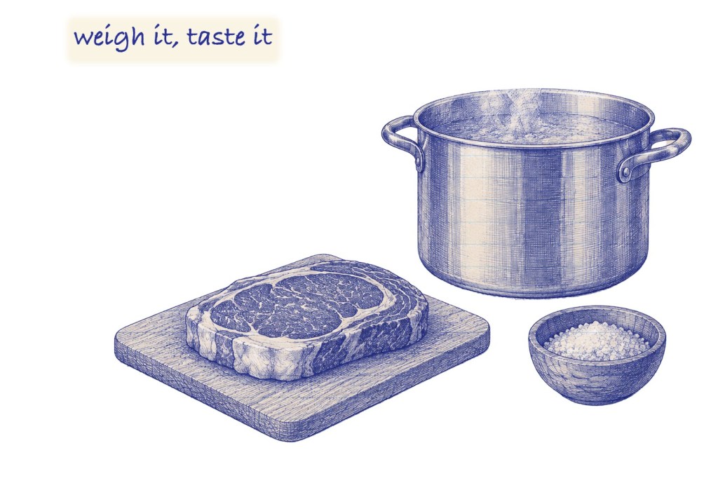 Blue ballpoint sketch of a steel stockpot, a bowl of coarse salt and a raw steak on a board