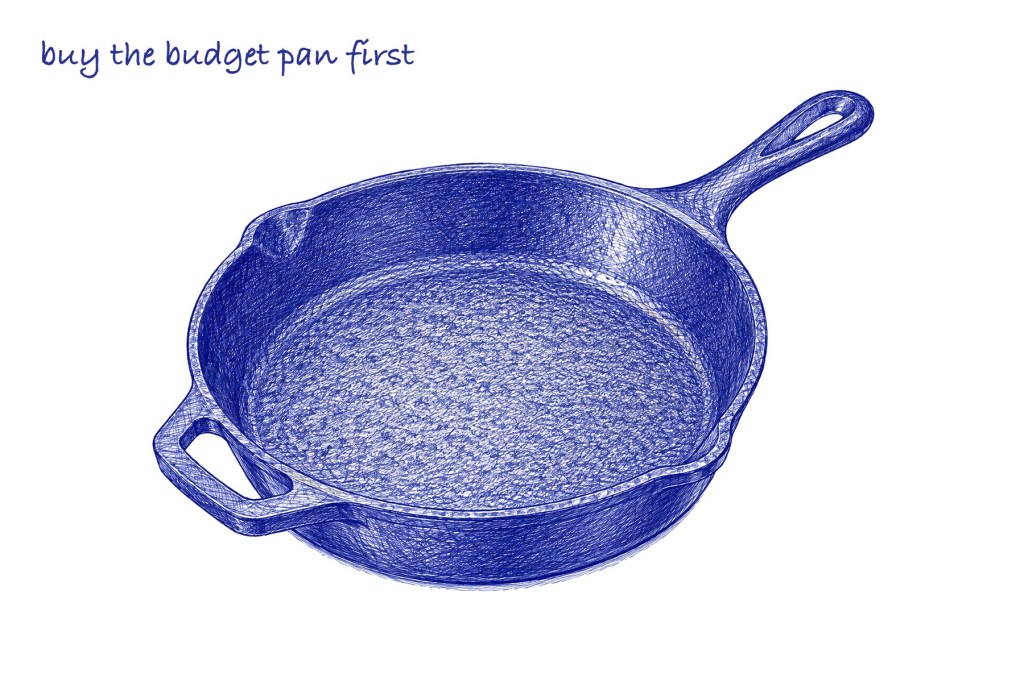Blue ballpoint pen sketch of a single 10-inch cast iron skillet with a long handle and a small helper handle