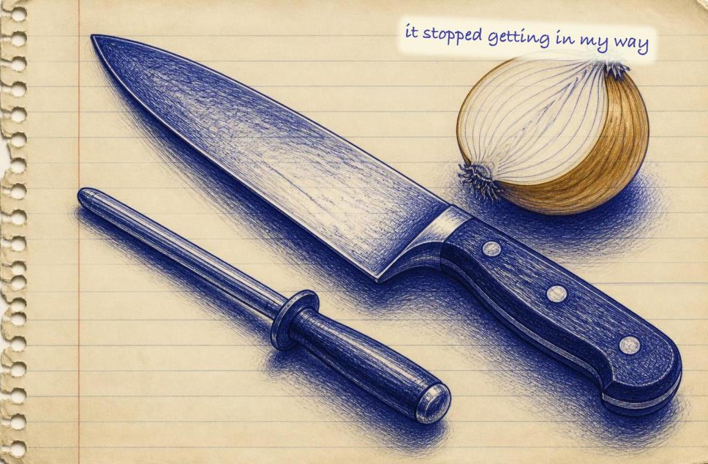 Blue ballpoint pen sketch on lined notebook paper of a chef's knife and honing steel beside a halved onion.