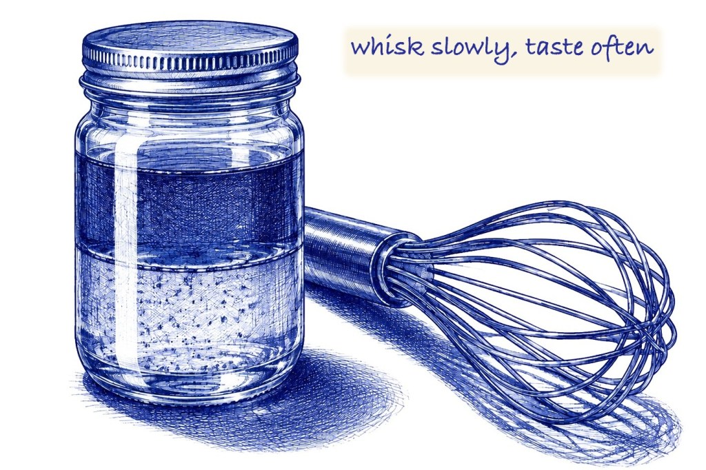 Blue ballpoint pen sketch of a glass jar of vinaigrette with two layers, and a balloon whisk lying beside it, with the handwritten note "whisk slowly, taste often"